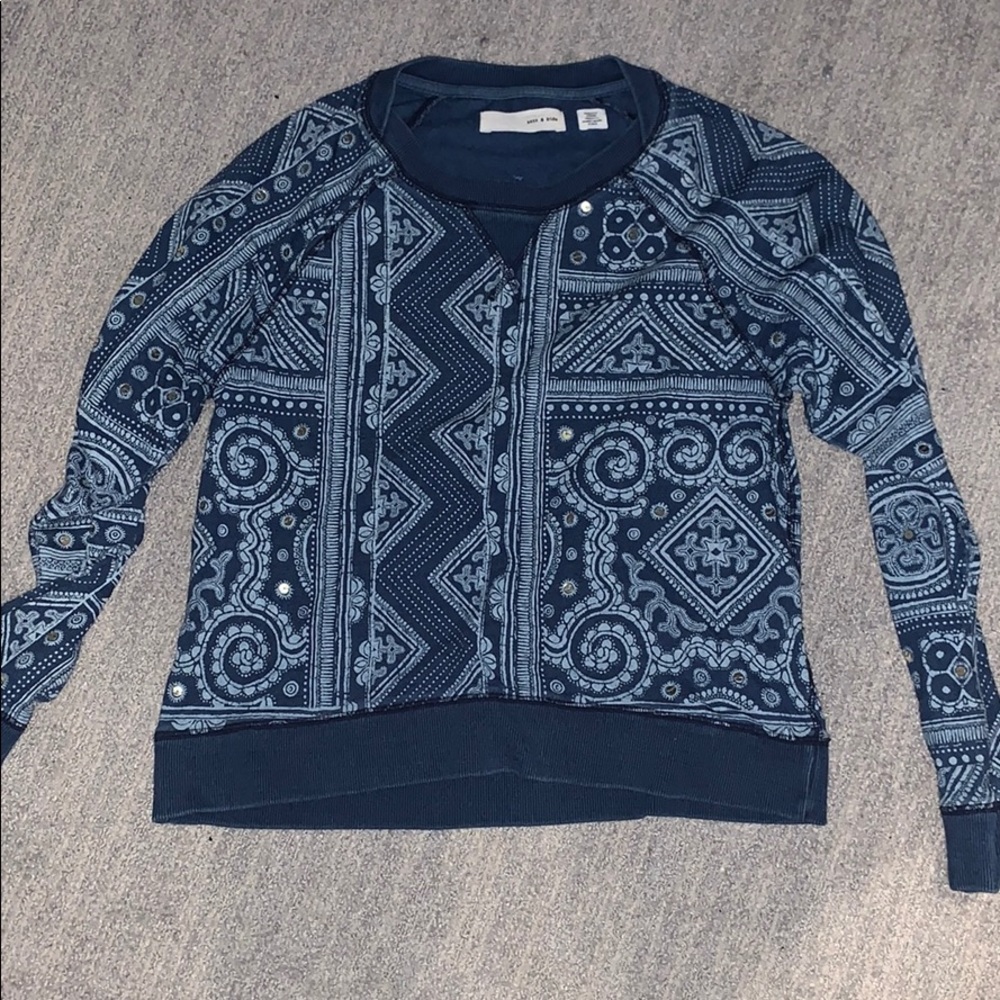 Blue tribal print sweater shirt with sequins